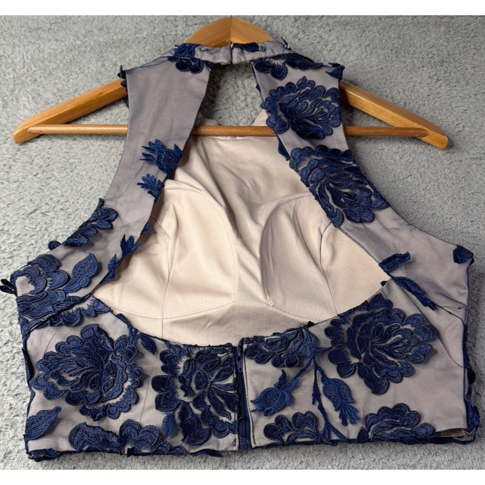 Sequin Hearts Top Womens Size 11 Medium Blue Floral Tan Lined Beaded Top - Picture 4 of 9